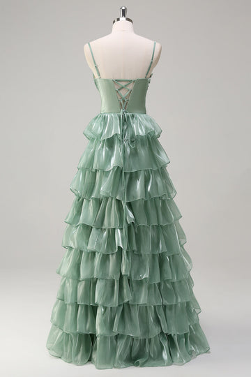 Dusty Sage A Line Spaghetti Stropper Ruffled Lang Brudepike Kjole Splitt